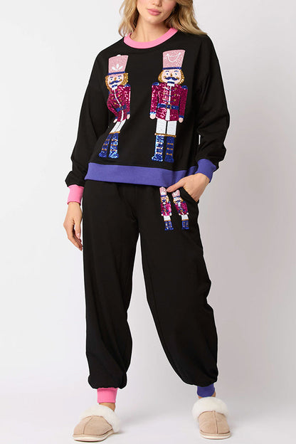 Conjunto de sudadera con lentejuelas y pantalones holgados con cintura elástica y bolsillos de estilo soldado navideño