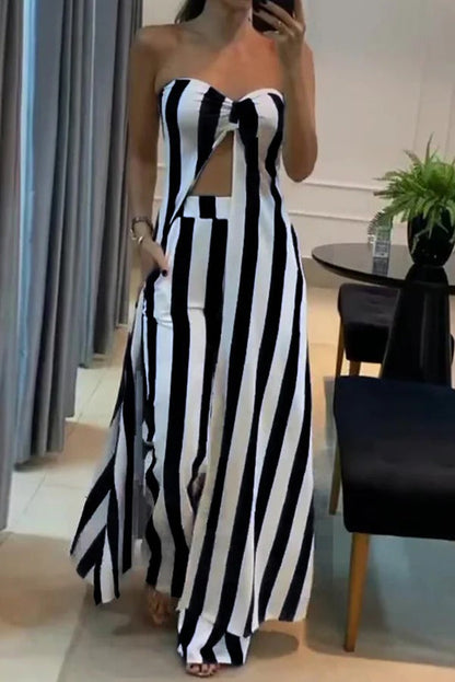 Conjunto de top largo informal con hombros descubiertos y estampado de rayas y pantalones rectos con bolsillos sueltos