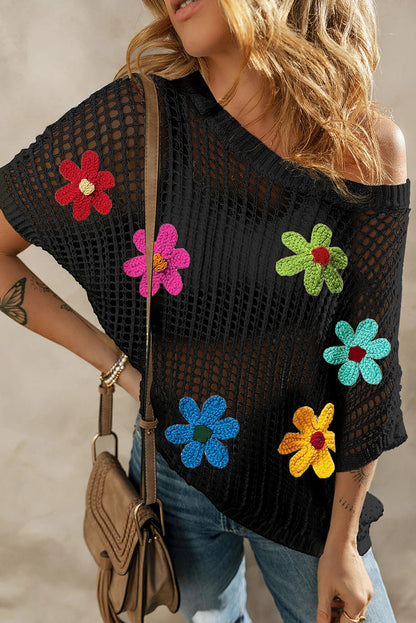 Camiseta de punto suelto con flores de colores y crochet ahuecado 