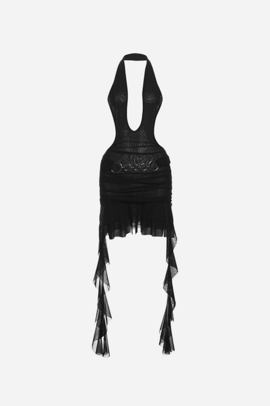 Minivestido de malla con escote en V profundo y espalda descubierta 