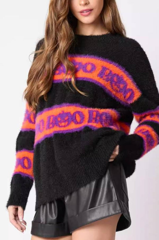 Suéter de cuello redondo con calabaza y letras de Halloween 