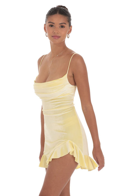 Velvet Ruffled Slit Dress in Yellow