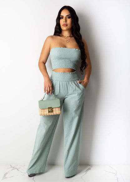 Ropa de mujer, top de tubo sexy plisado, pantalón de trabajo de dos piezas para vacaciones de verano