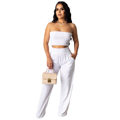Ropa de mujer, top de tubo sexy plisado, pantalón de trabajo de dos piezas para vacaciones de verano
