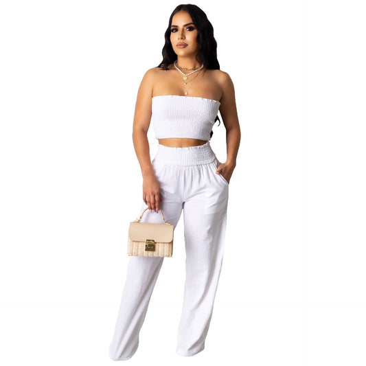 Women Clothing Pleating Sexy Tube Top Two Piece Work Pant Vacation Summer