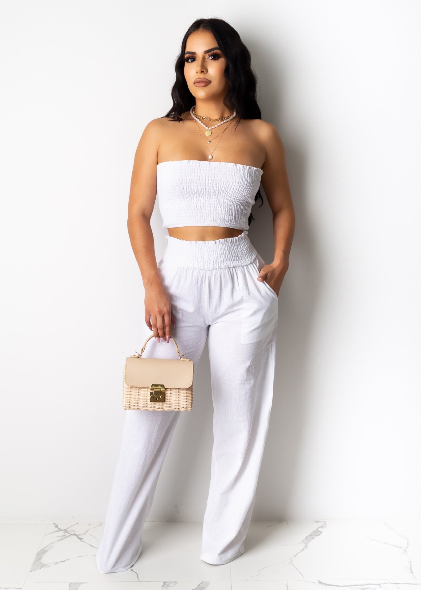 Ropa de mujer, top de tubo sexy plisado, pantalón de trabajo de dos piezas para vacaciones de verano