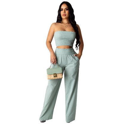 Ropa de mujer, top de tubo sexy plisado, pantalón de trabajo de dos piezas para vacaciones de verano
