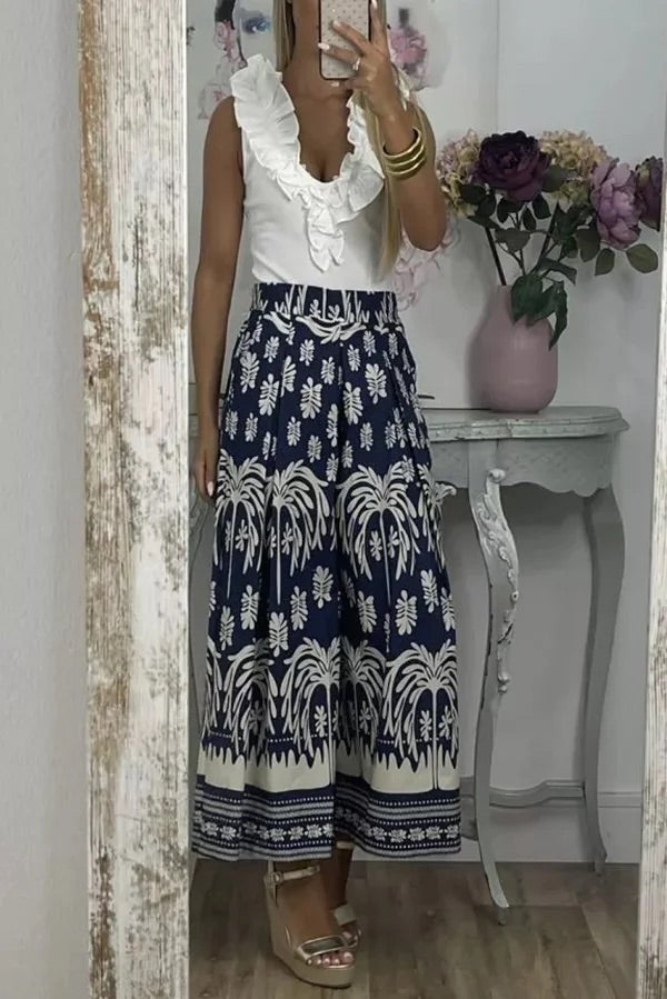 Pantalones anchos de pierna para vacaciones con bolsillo suelto y cintura elástica con estampado único