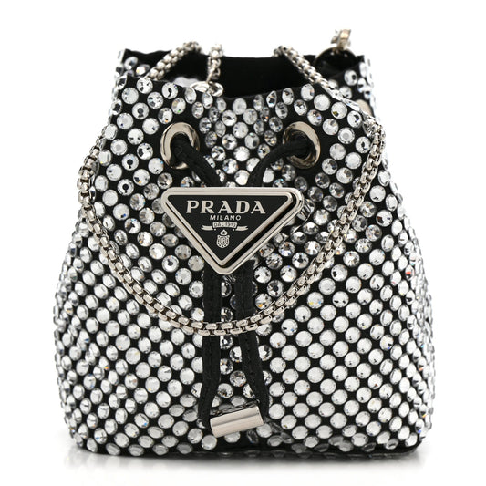 Satin Crystal Metal Triangle Logo Mini Drawcord Pouch Shoulder Bag Crystal