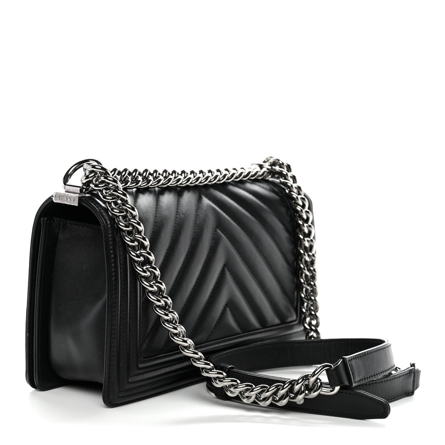 Calfskin Chevron Quilted Medium Boy Flap Black