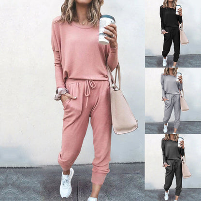 Conjunto de dos piezas para mujer, otoño e invierno, holgado, color liso, manga larga, informal