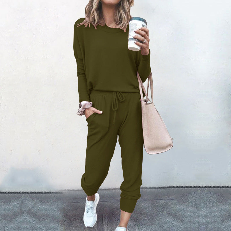 Conjunto de dos piezas para mujer, otoño e invierno, holgado, color liso, manga larga, informal
