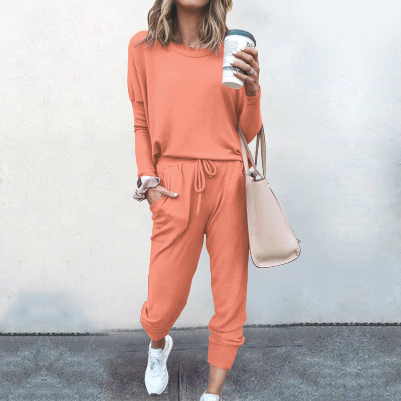 Conjunto de dos piezas para mujer, otoño e invierno, holgado, color liso, manga larga, informal