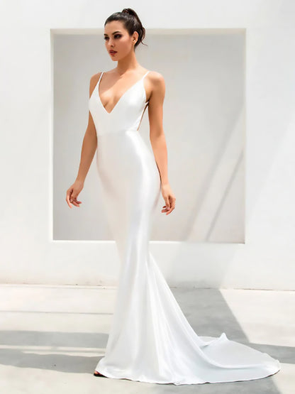 Prom Maxi Dresses White V-Neck Sleeveless Backless Semi Formal Dress