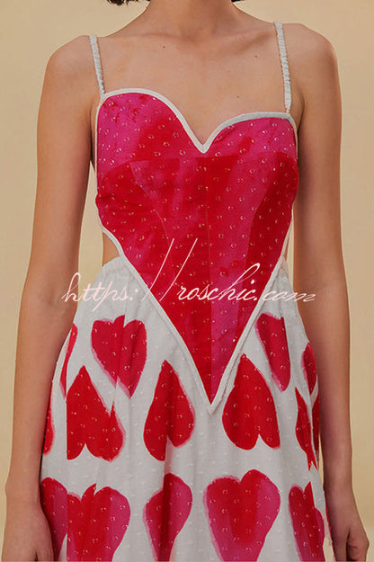 Full of Love Heart Shape Print Cutout Spaghetti Strap Backless Maxi Dress