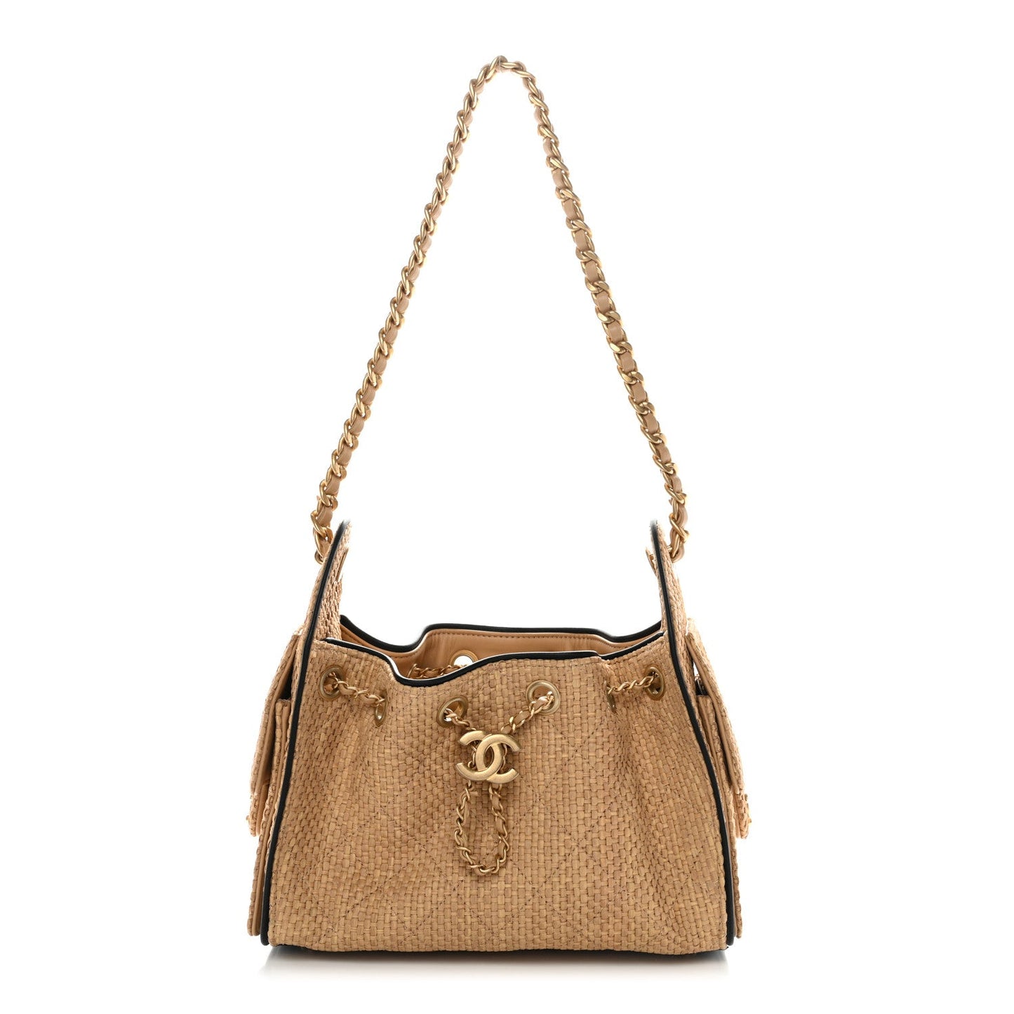 Braided Raffia Calfskin Quilted Mini Chanel 25 Handbag Beige Black
