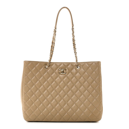 Caviar Quilted Large Shopping Tote Dark Beige