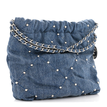 Washed Denim Quilted Studded Mini Chanel 22 Blue