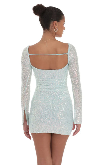 Knit Sequin Long Sleeve Dress in Blue