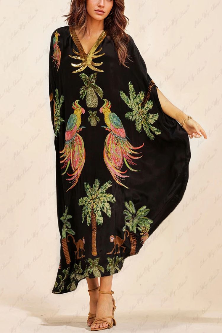 Vestido único con estampado de cocoteros y mangas caídas en los hombros