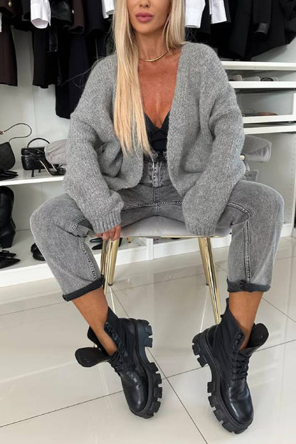 Cárdigan holgado de manga larga globo con abertura frontal de punto de otoño