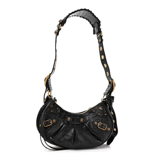 Extra Supple Calfskin Crocodile Embossed Le Cagole Shoulder Bag XS Black