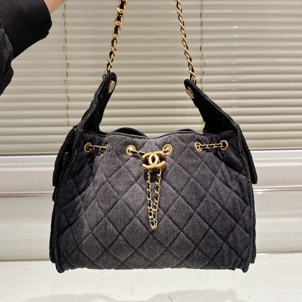 CHANEL 25 SMALL HANDBAG WASHED DENIM BLACK 30CM AS5293 B20520 U0725