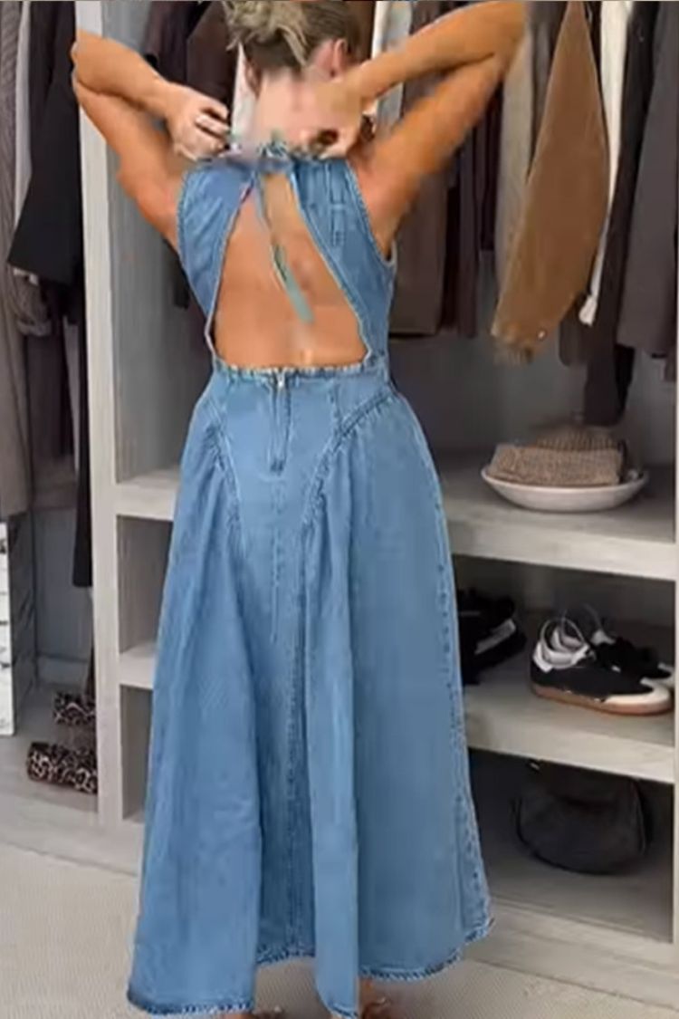 Vestido midi clásico y elegante de mezclilla con espalda abierta, fruncido y cintura elástica