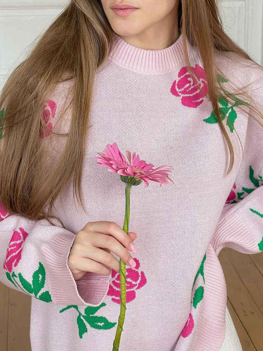 Suéter con cuello redondo y estampado de rosas 