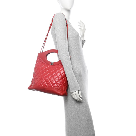 Shiny Crumpled Calfskin Quilted 31 Shopping Bag Red