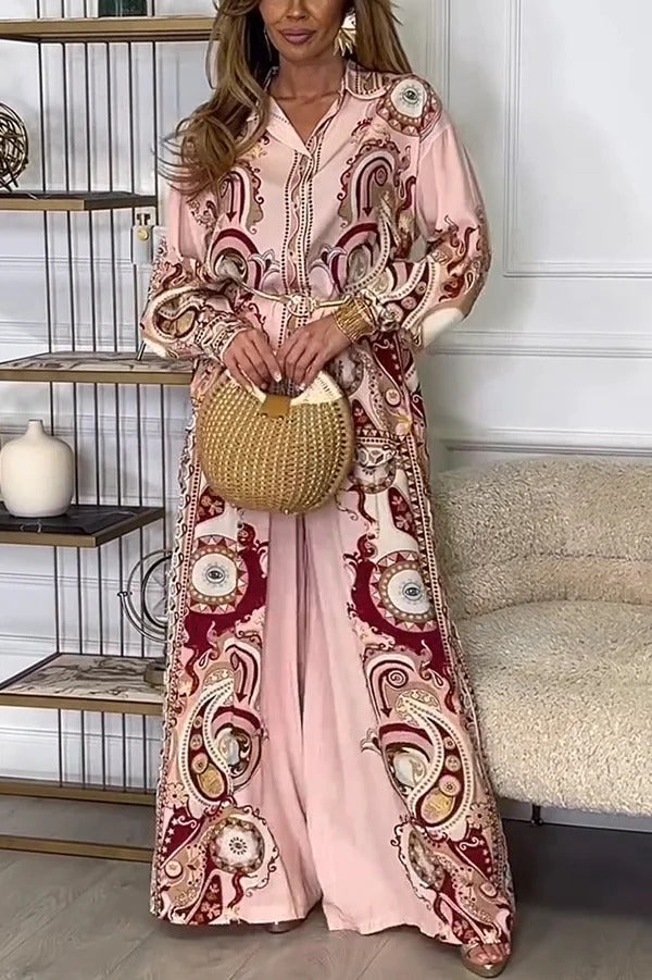 Conjunto de camisa de manga larga con solapa y estampado único con lazo en la cintura y pantalones anchos con bolsillo y cintura elástica