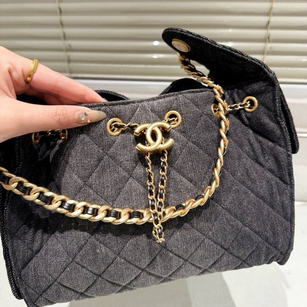 CHANEL 25 SMALL HANDBAG WASHED DENIM BLACK 30CM AS5293 B20520 U0725