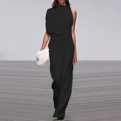 Pantalones de mujer de color liso con un hombro descubierto y cuello alto, mono de vestir popular