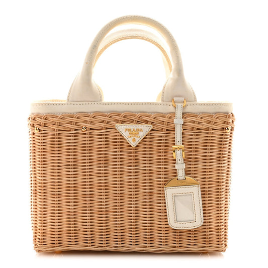Canvas Wicker Shoulder Bag White Tan