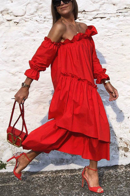 Vestido midi holgado con hombros descubiertos y volantes irregulares de Fionna