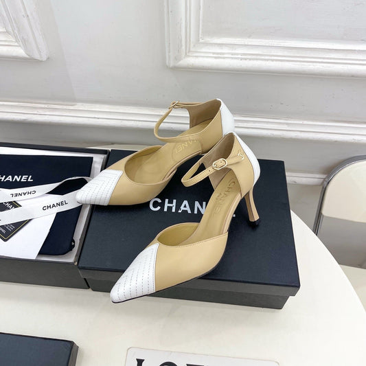 CC 26 SS Double C Slingback 7.5cm Beige White Calfskin 586936