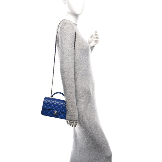 Lambskin Quilted Mini Top Handle Rectangular Flap Blue