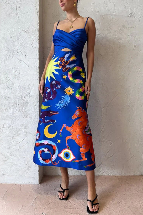 Vestido midi con tirantes cruzados y fruncido con estampado único de Main Stage