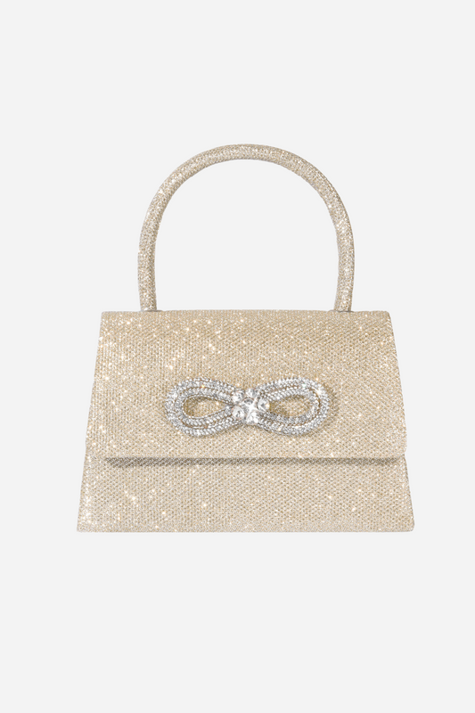 Bolso con asa de diamante y brillo metálico 