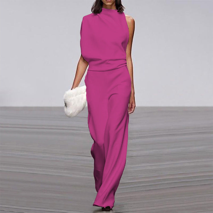 Pantalones de mujer de color liso con un hombro descubierto y cuello alto, mono de vestir popular