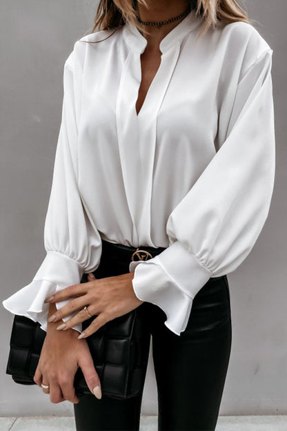 Blusas de cuello en V con volantes sólidos de moda para trabajo