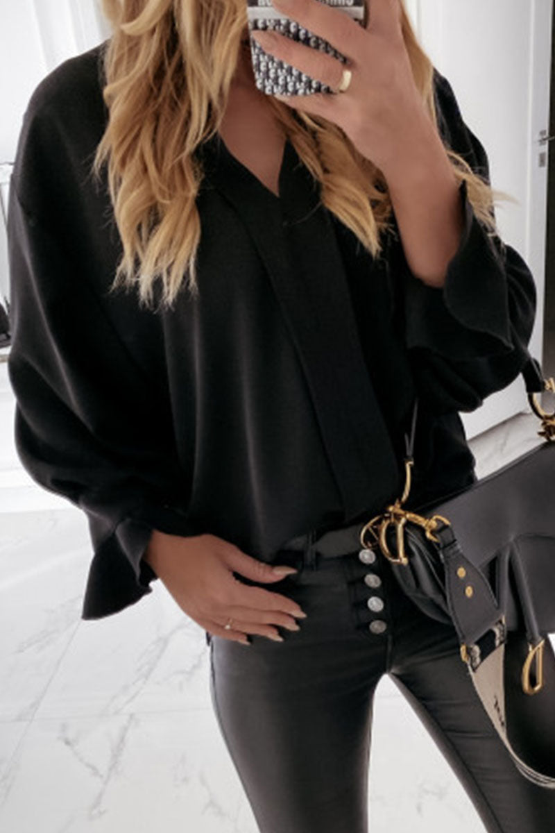 Blusas de cuello en V con volantes sólidos de moda para trabajo