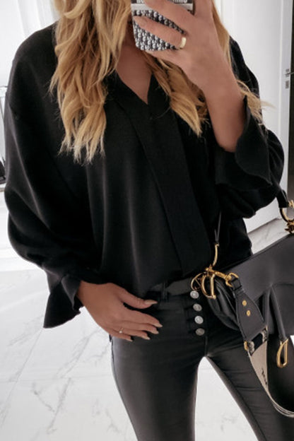 Blusas de cuello en V con volantes sólidos de moda para trabajo
