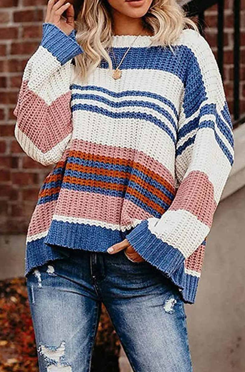 Tops casuales de moda con cuello redondo y rayas de patchwork para la calle