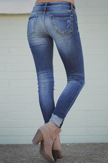 Moda sexy sólido roto cintura media ajustado mezclilla
