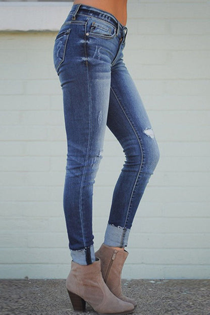 Moda sexy sólido roto cintura media ajustado mezclilla