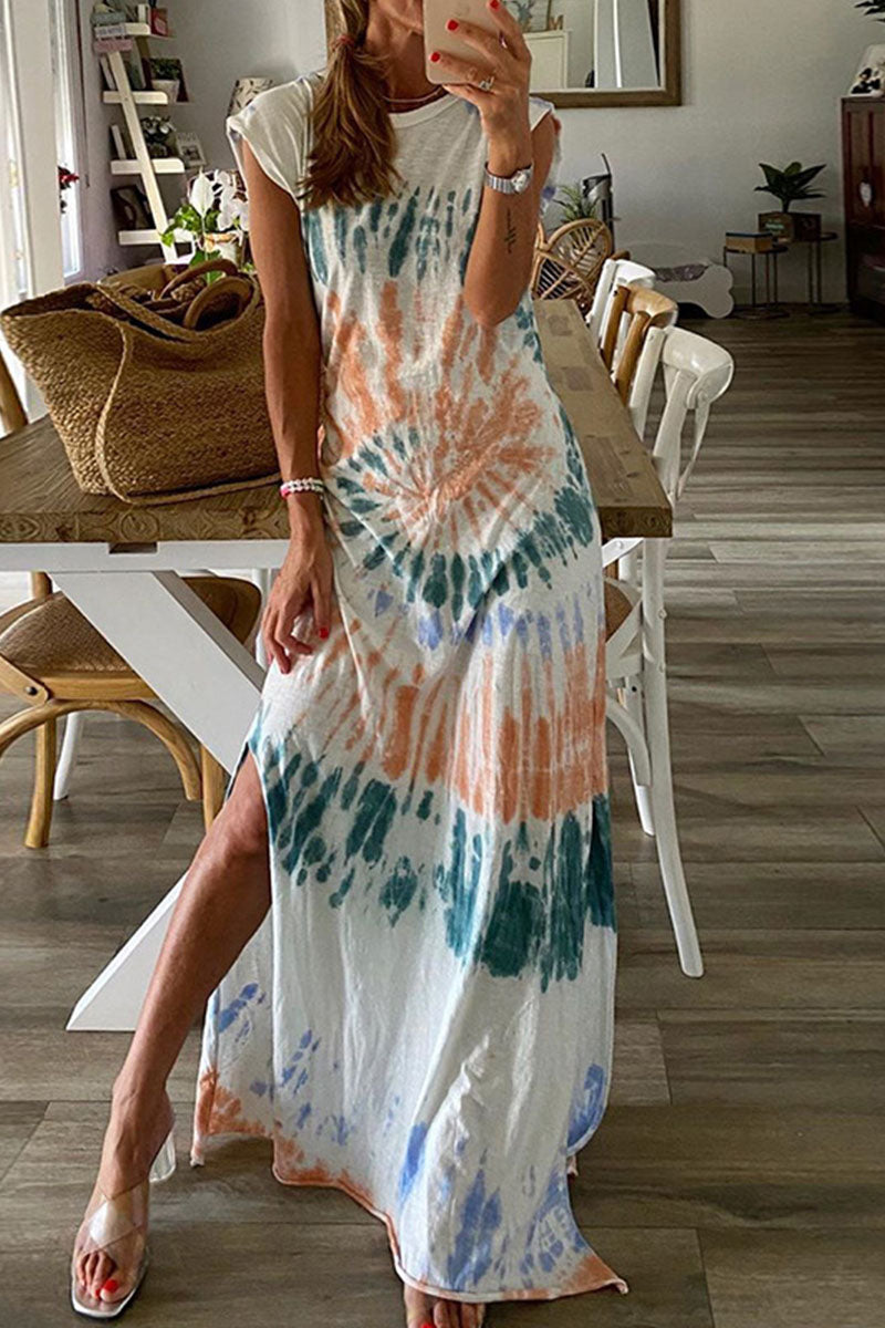 Vestidos de moda con estampado callejero, aberturas y cuello redondo irregulares