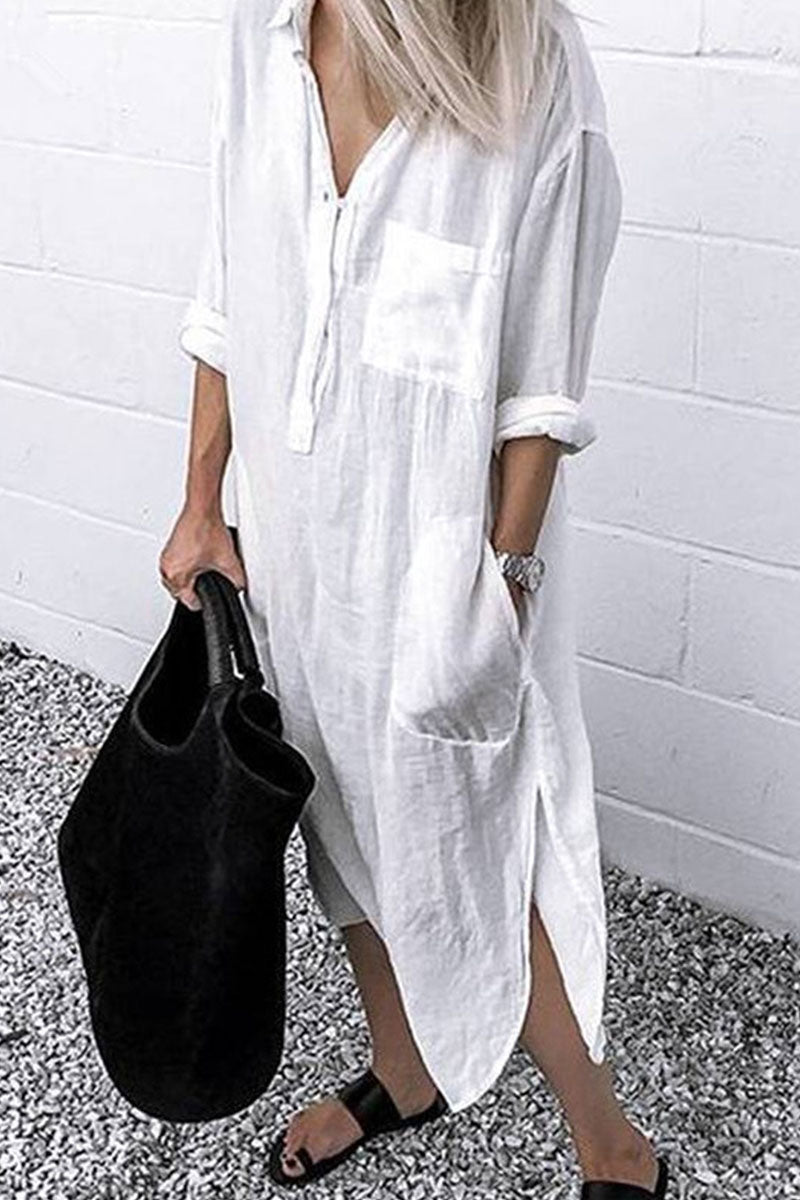 Vestido camisero de cuello vuelto liso de moda urbana (6 colores)