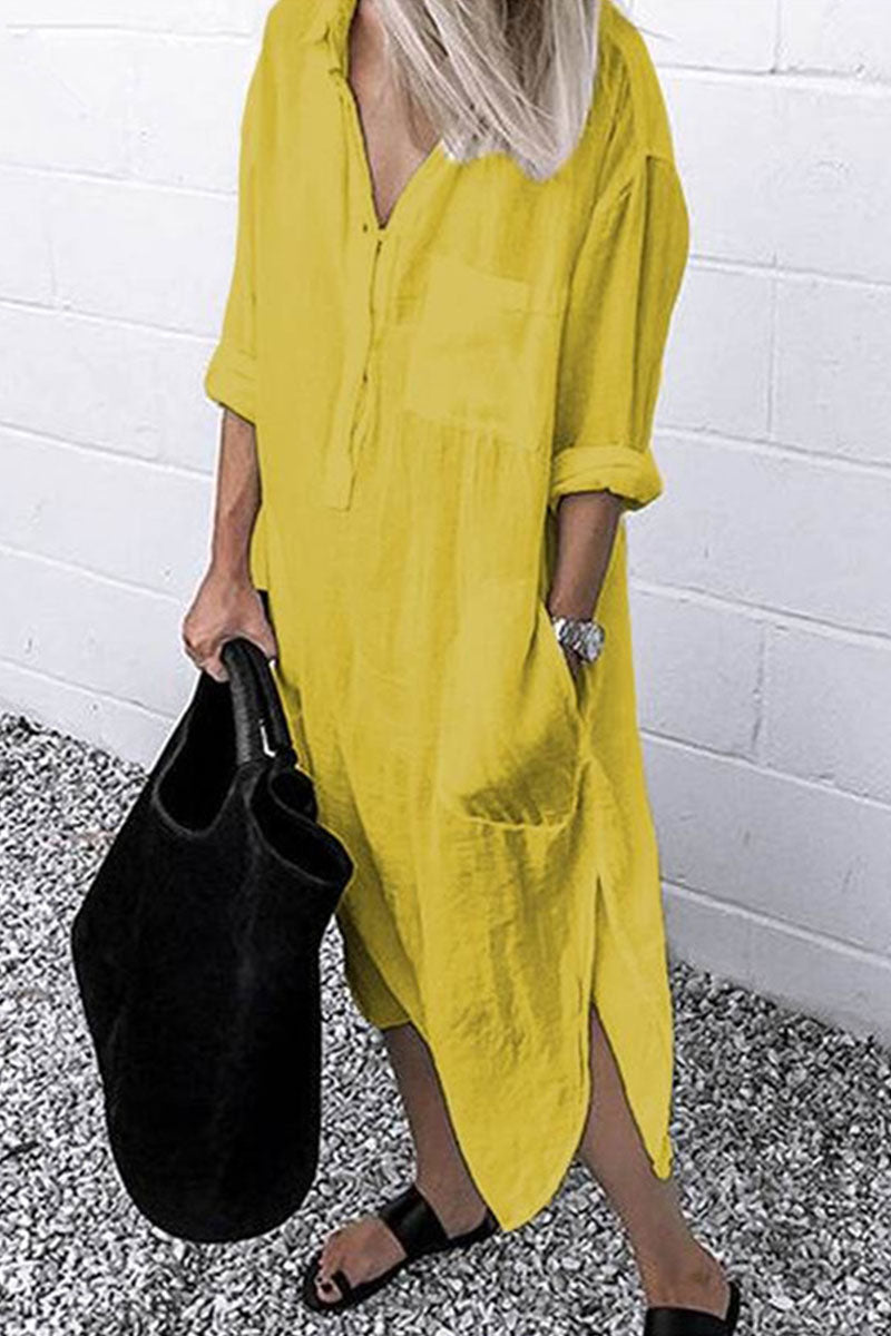 Vestido camisero de cuello vuelto liso de moda urbana (6 colores)