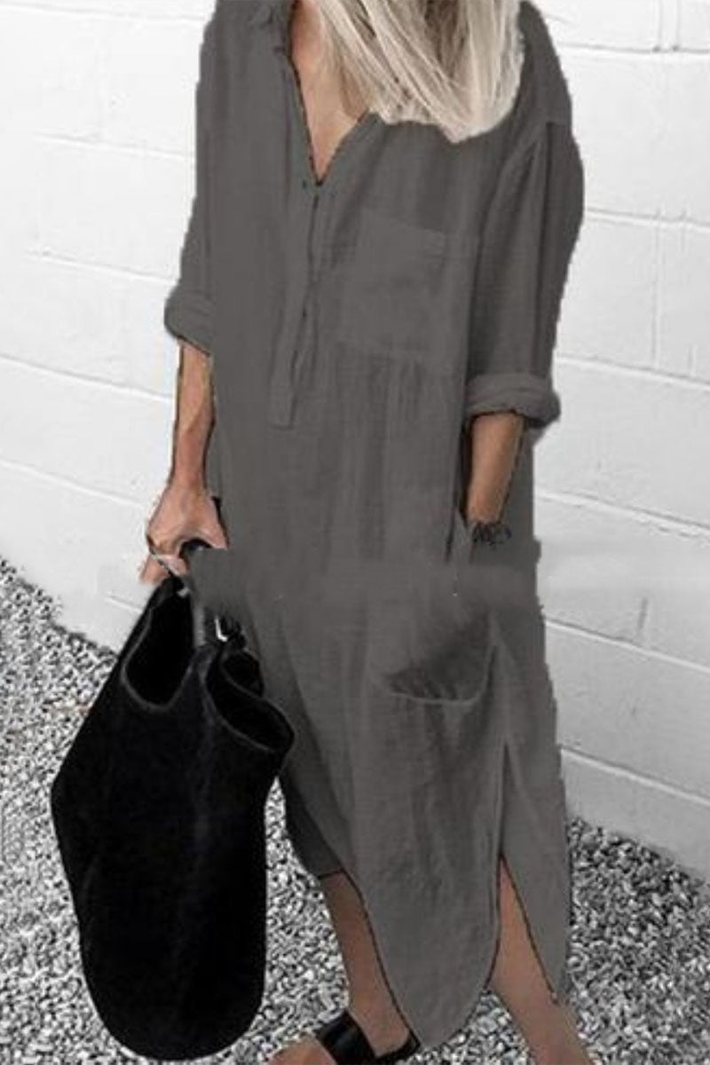 Vestido camisero de cuello vuelto liso de moda urbana (6 colores)